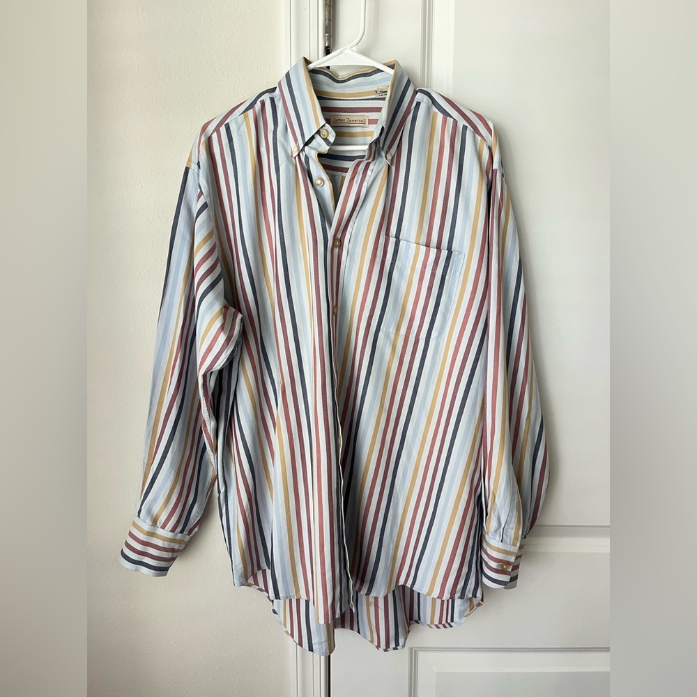 VTG James Tattersall mens long sleeve striped button down shirt Large Y2K preppy